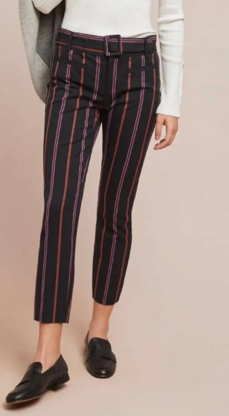 ANTHROPOLOGIE The Essential Slim Black Orange Stripe Cotton Blend Crop Pants 0